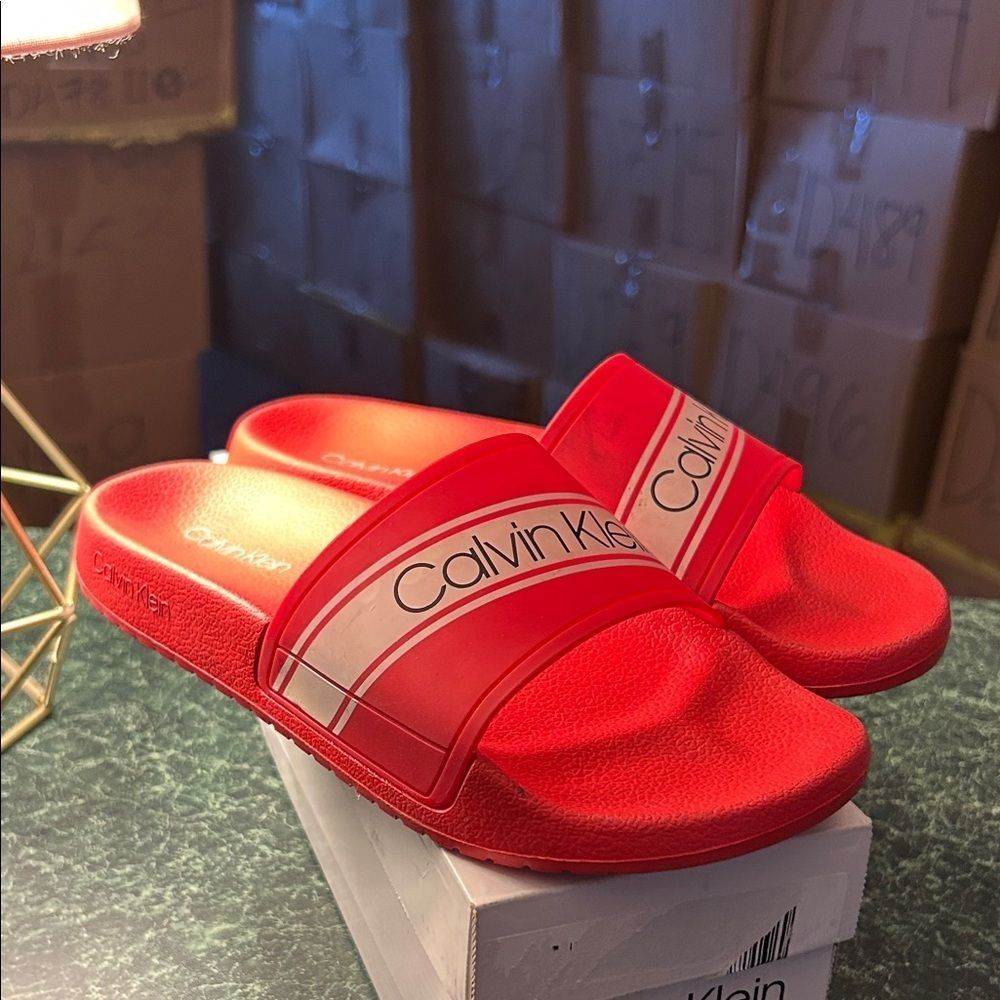 Calvin Klein Bright Red Slide Sandals